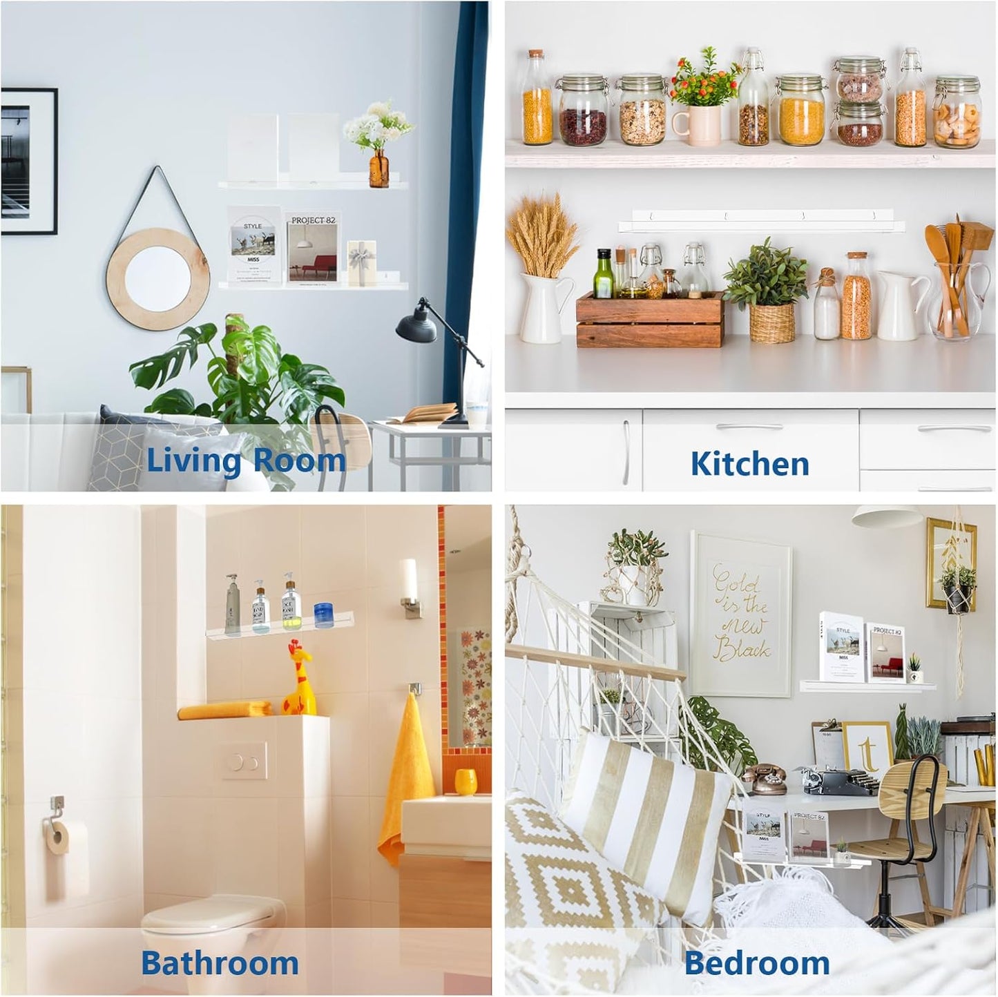 Kathfly 8 Pcs 24 Inch Clear Acrylic Floating Shelves Wall Mounted Invisible Storage Ledge for Book, Makeup Spice Picture Toy Display in Bathroom Bedroom Office Living Room