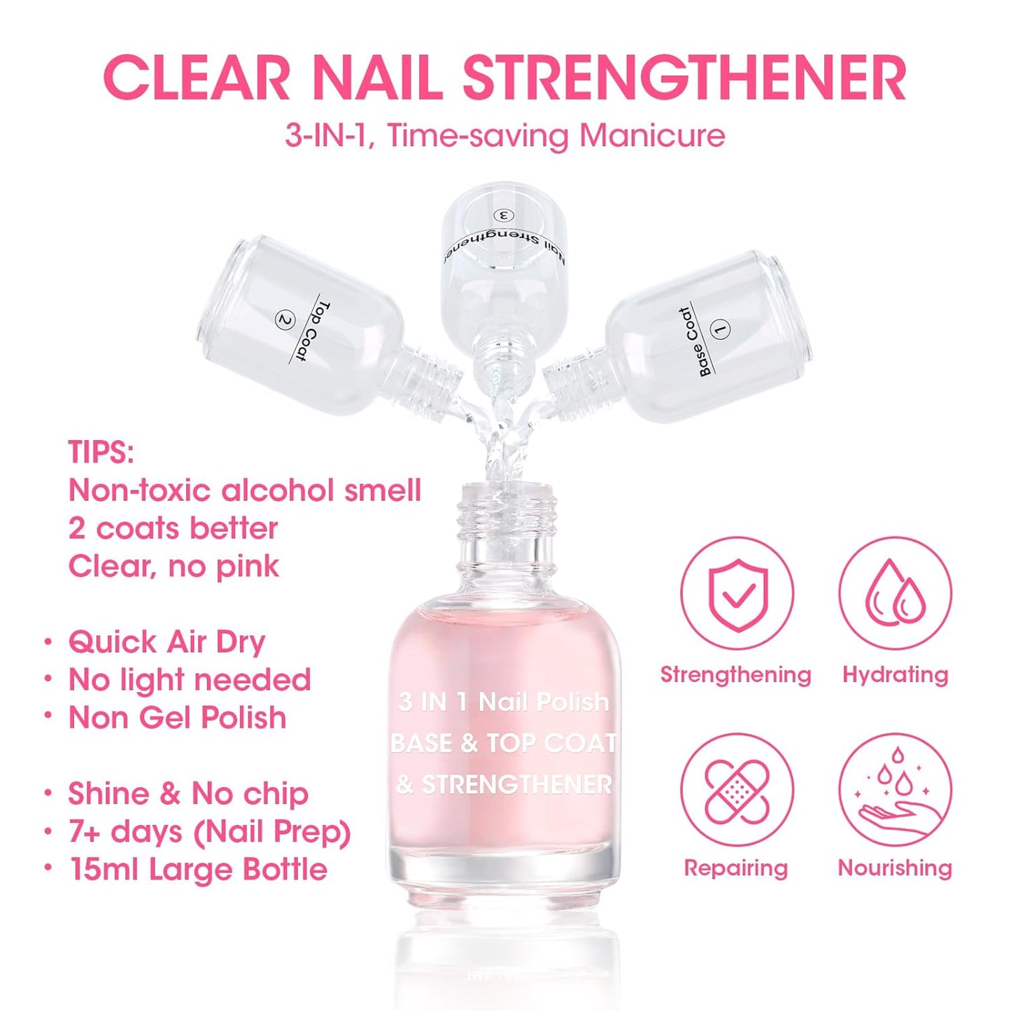 GELLEN 3-In-1 Clear Nail Strengthener, Base Top Coat, No Base Top & Light Needed, Shine Sheer Nail Polish Fortify Weak Dry Damaged Nails | Keratin Vitamin E, Anti-yellow | Toxin TPO HEMA Free, No Pink