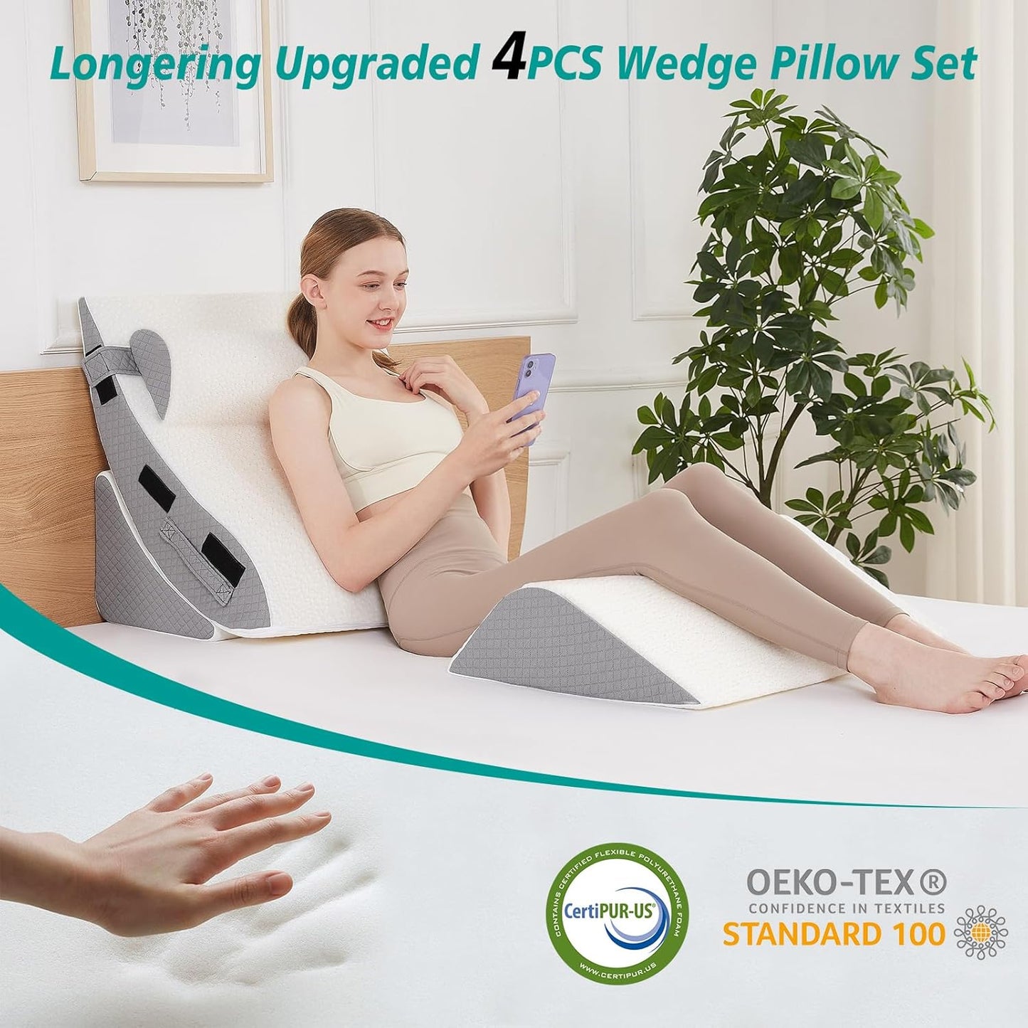 Orthopedic Bed Wedge Pillow Set for Sleeping 4 PCS - Adjustable Triangle Pillow for Neck Leg Support with Washable Cover - 35D Foam Wedge Pillow Post Surgery for GERD & Snoring (White Grey)
