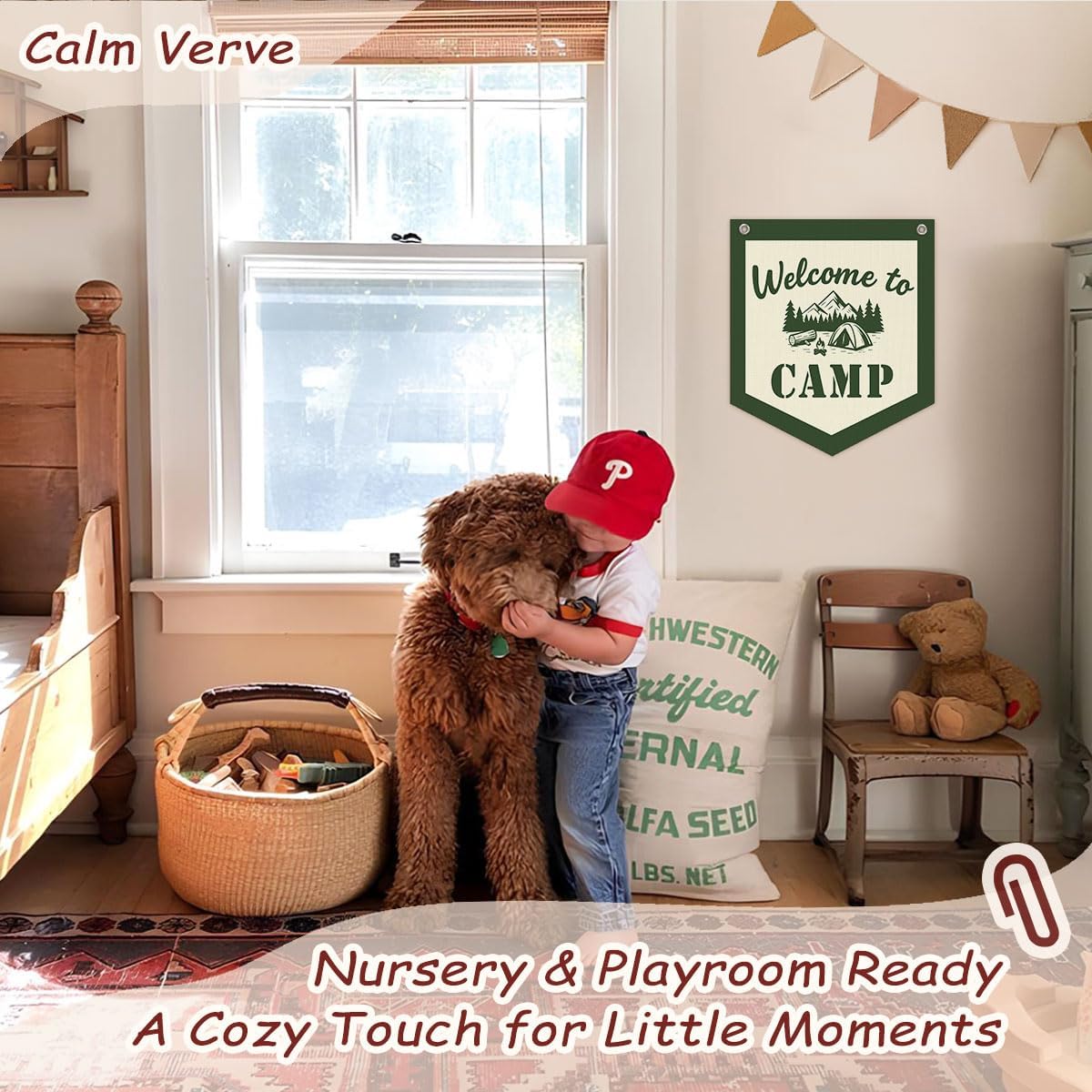 Camping Decor Camp Sign Banner, Welcome to Camp Wall Pennant Banner Flag Classroom Decor, Retro Green Camping Hanging Wall Decor for Kids Nursery Toddler Room Bedroom Playroom Classroom