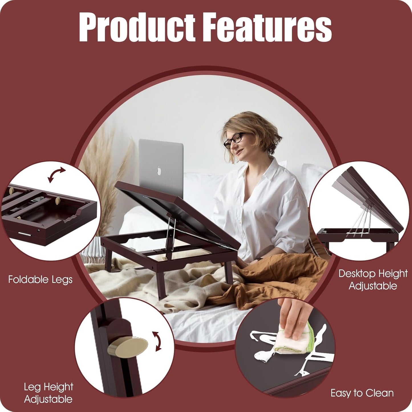 Bamboo Adjustable & Foldable Bed Tray Table with Ergonomic Handle, 17x12in Breakfast Tray for Eating, Laptop Desk, Sofa Snacking, Non-Slip Surface (Mahogany)
