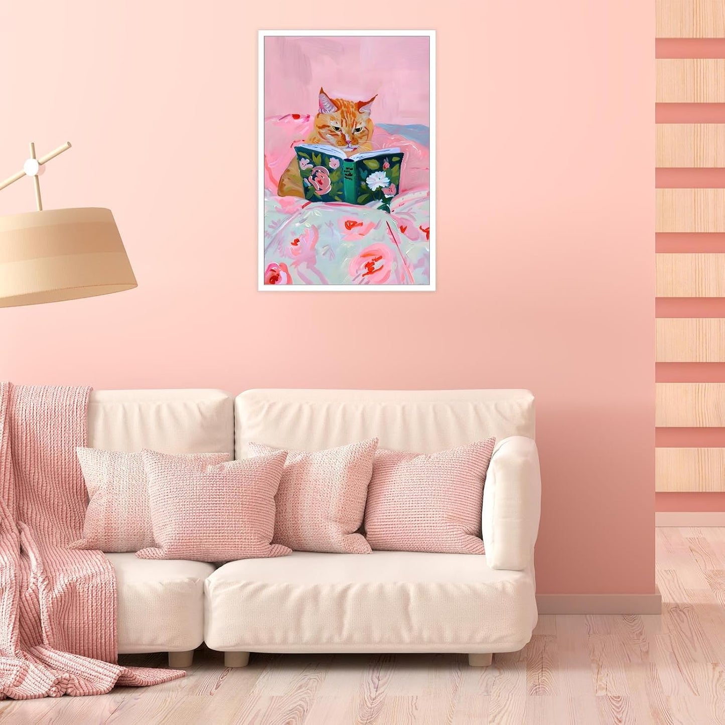 Trendy Orange Cat Posters Cute Minimalist Pink Flowers Pet Canvas Wall Art Funky Funny Animal Cat Is Reading Prints Painting For Home Bedroom Dorm Living Room Wall Decor 8x10 in Unframed