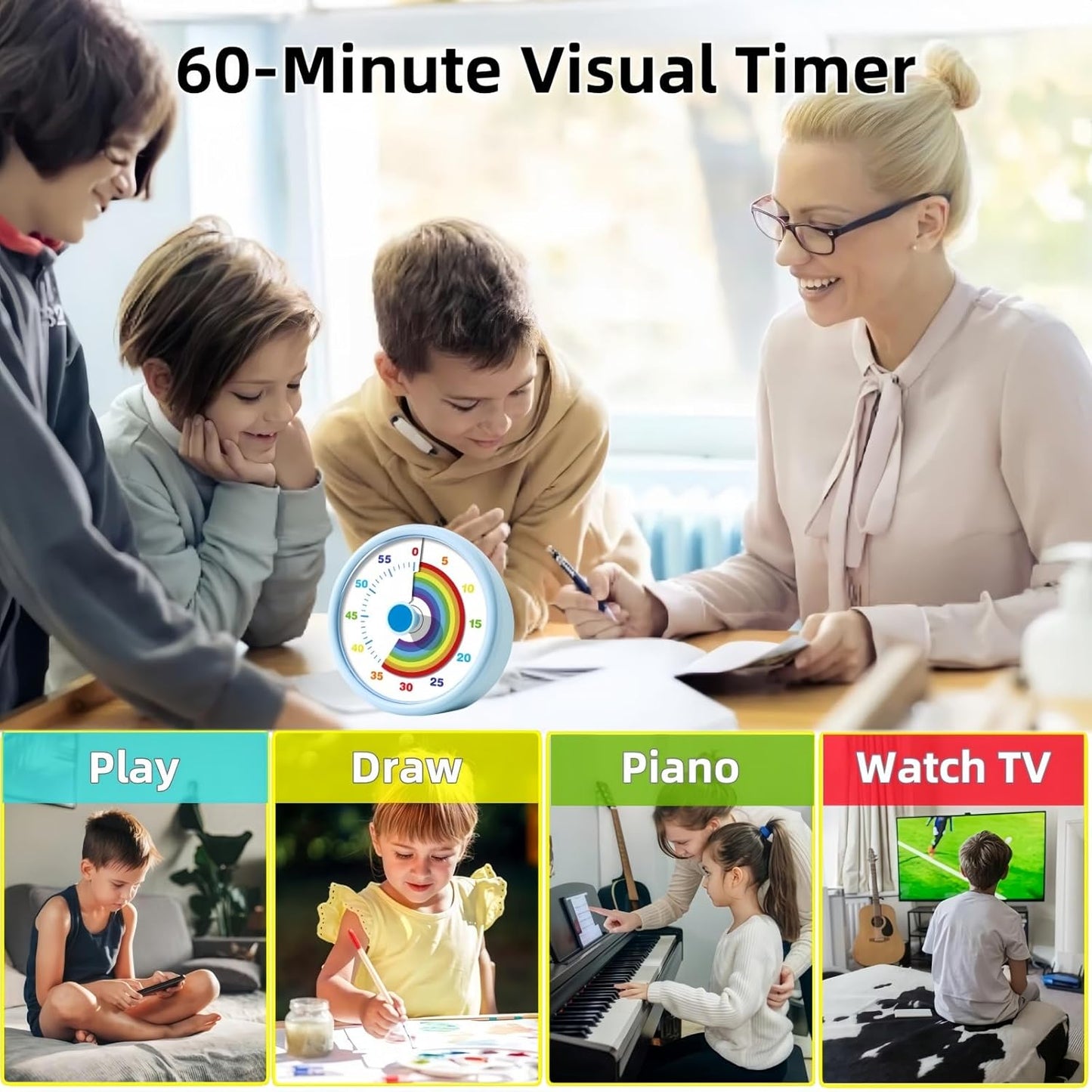 Visual Timer for Kids, 60 Minute Time Timer Kids Timer for Classroom Home Office, Countdown Timer for Cooking Teaching Working Meeting, Pomodoro Timer Kitchen Timer (Blue)