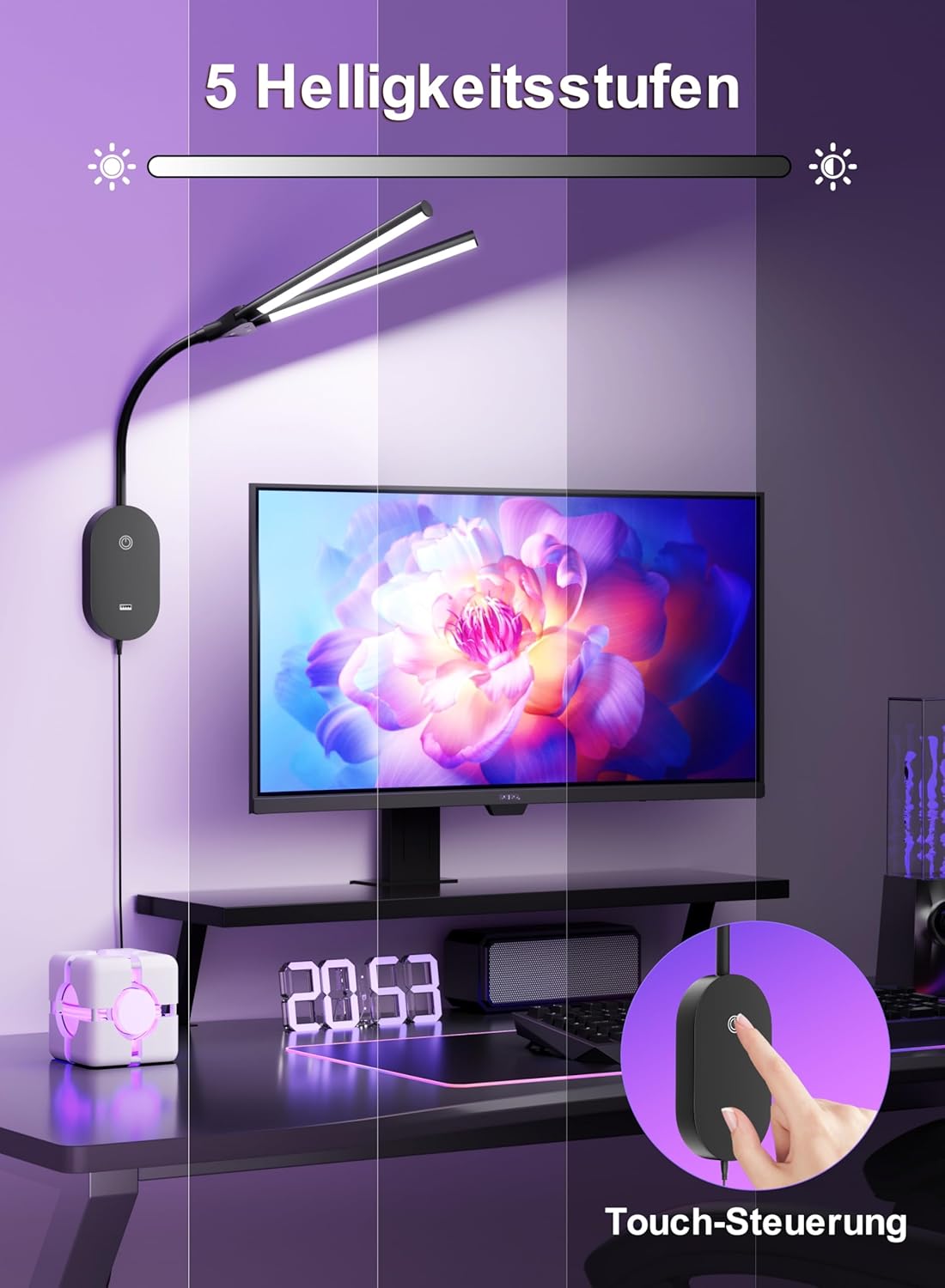 LED Wall Mounted Reading Light for Bed, 2 Heads Ultra Long Book Lights with USB Output, Wall Reading Lamps with Bright 5 Dimmable Touch Control,4 Hour Auto Off in 360°Gooseneck Headboard Bed Light