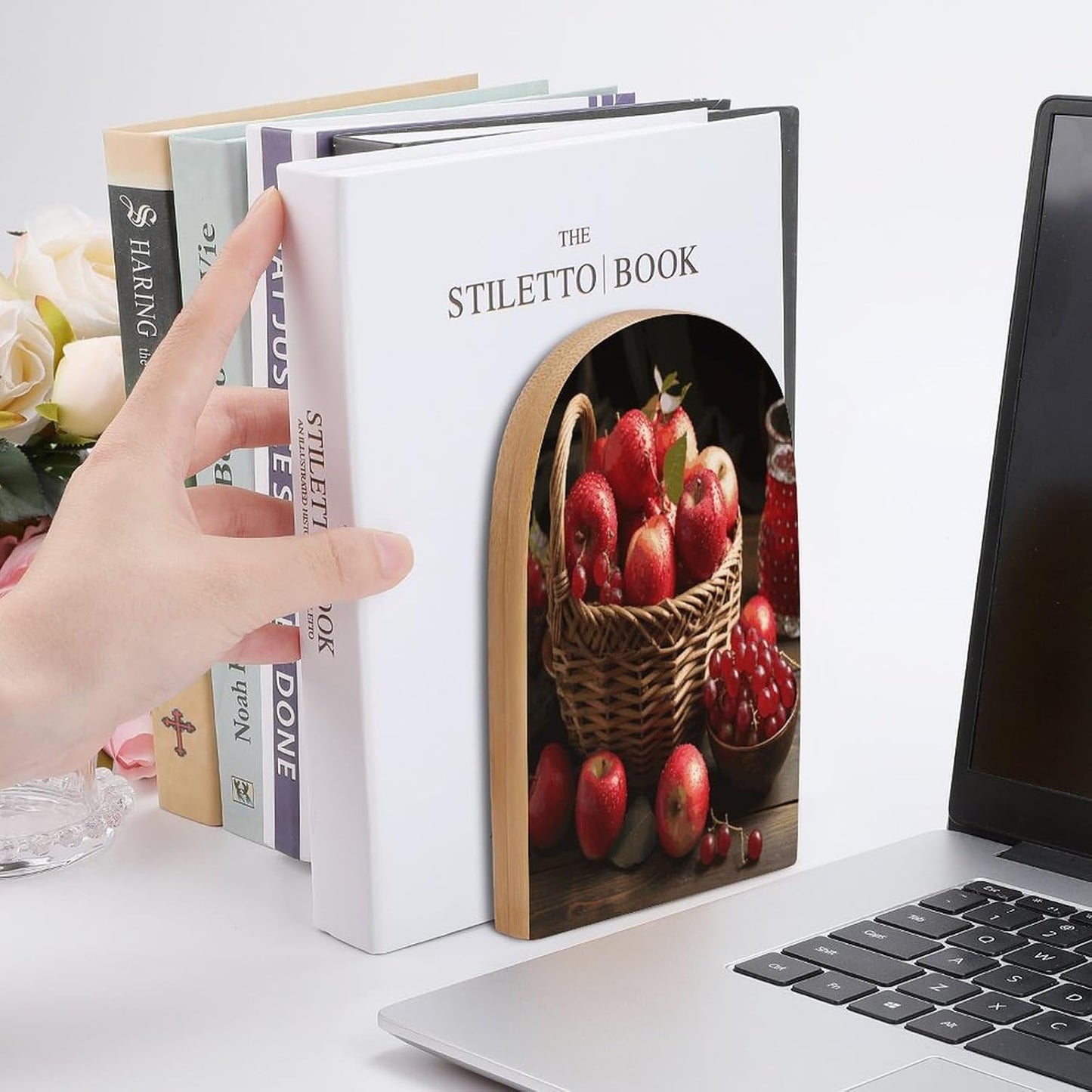 Red Fruit in A Basket Bookend for Shelves Wooden Book End Large Size Sturdy Book Holders Stoppers with Metal Base for Bookshelves Slick Decorative Bookends Stands