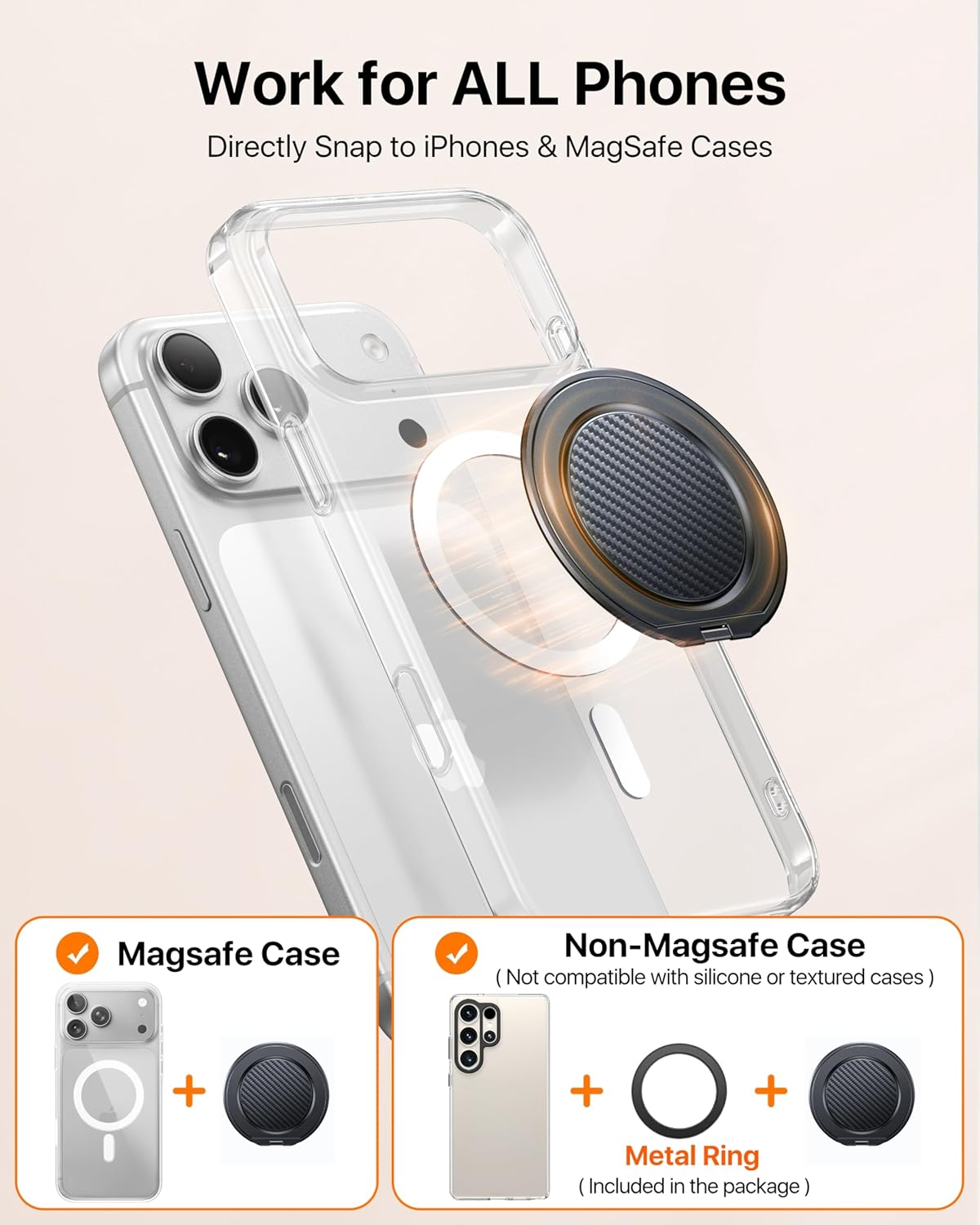 andobil [2026 Ultra-Thin] Magnetic Phone Grip for MagSafe [360° Rotate] Magnetic Cell Phone Ring Holder & Kickstand for MagSafe Accessories & iPhone 17 Air 16 Pro Max Plus 15 14 13 12, Carbon Fiber