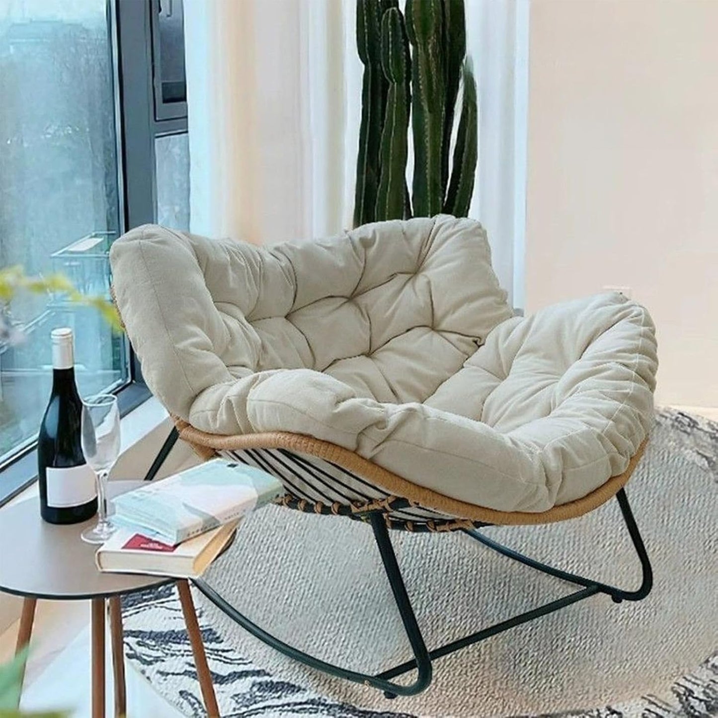 Rocking Outdoor Lounger Chair Chaise Lounge Zero Gravity Rocker,Ergonomic Outdoor Rocking Chair with Soft Thick Cushion Comfy Wicker Lounge Chair for Living Room Bedroom Reading Room Indoor