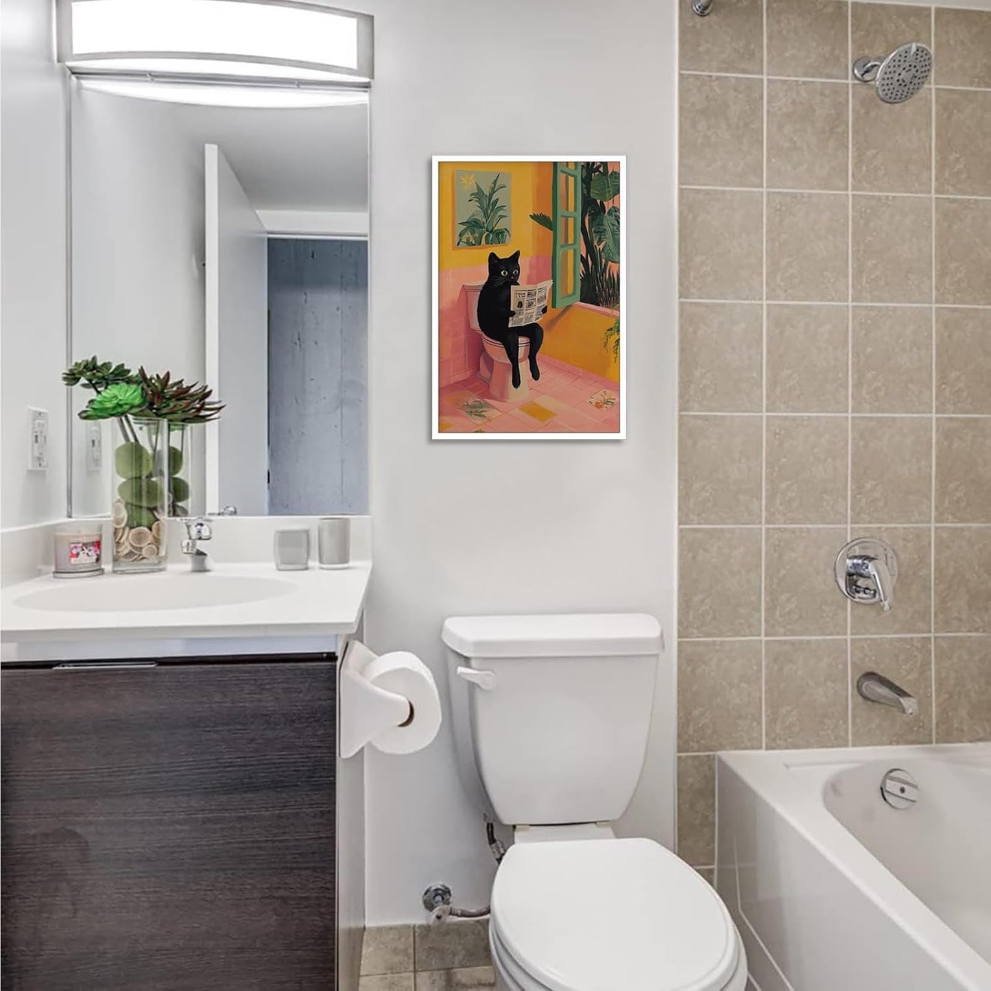 Vintage Funny Black Cat Reading Newspaper Posters Cute Animal Sitting On Toilet Canvas Wall Art Pink Yellow Bathroom Botanical Prints Painting For Home Bedroom Dorm Wall Decor 8x12in Unframed