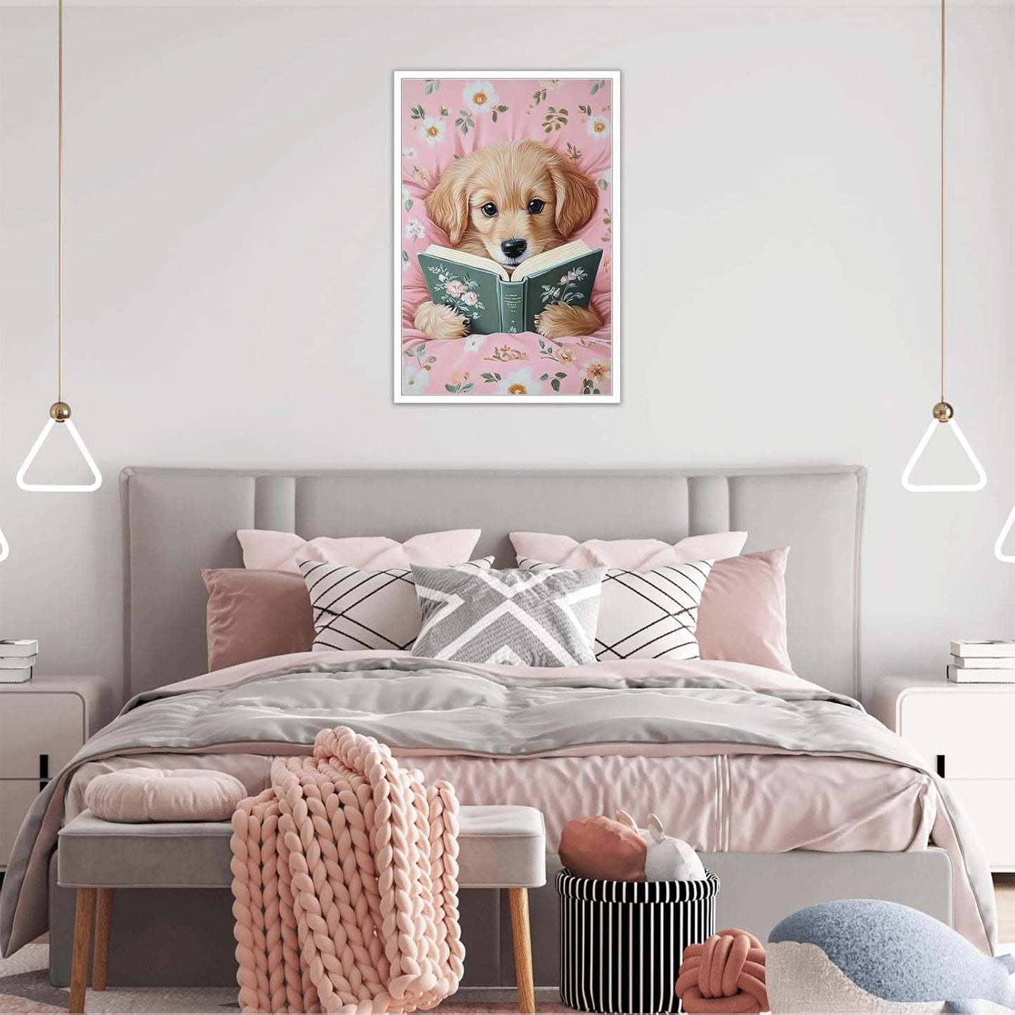 Cute Dog Reading In Bed Canvas Wall Art Trendy Funny Animal Poster Funky Minimalist Pink Room Flower Pet Aesthetic Prints Painting For Home Bedroom Kids Room Dorm Wall Decor 8x12in Unframed