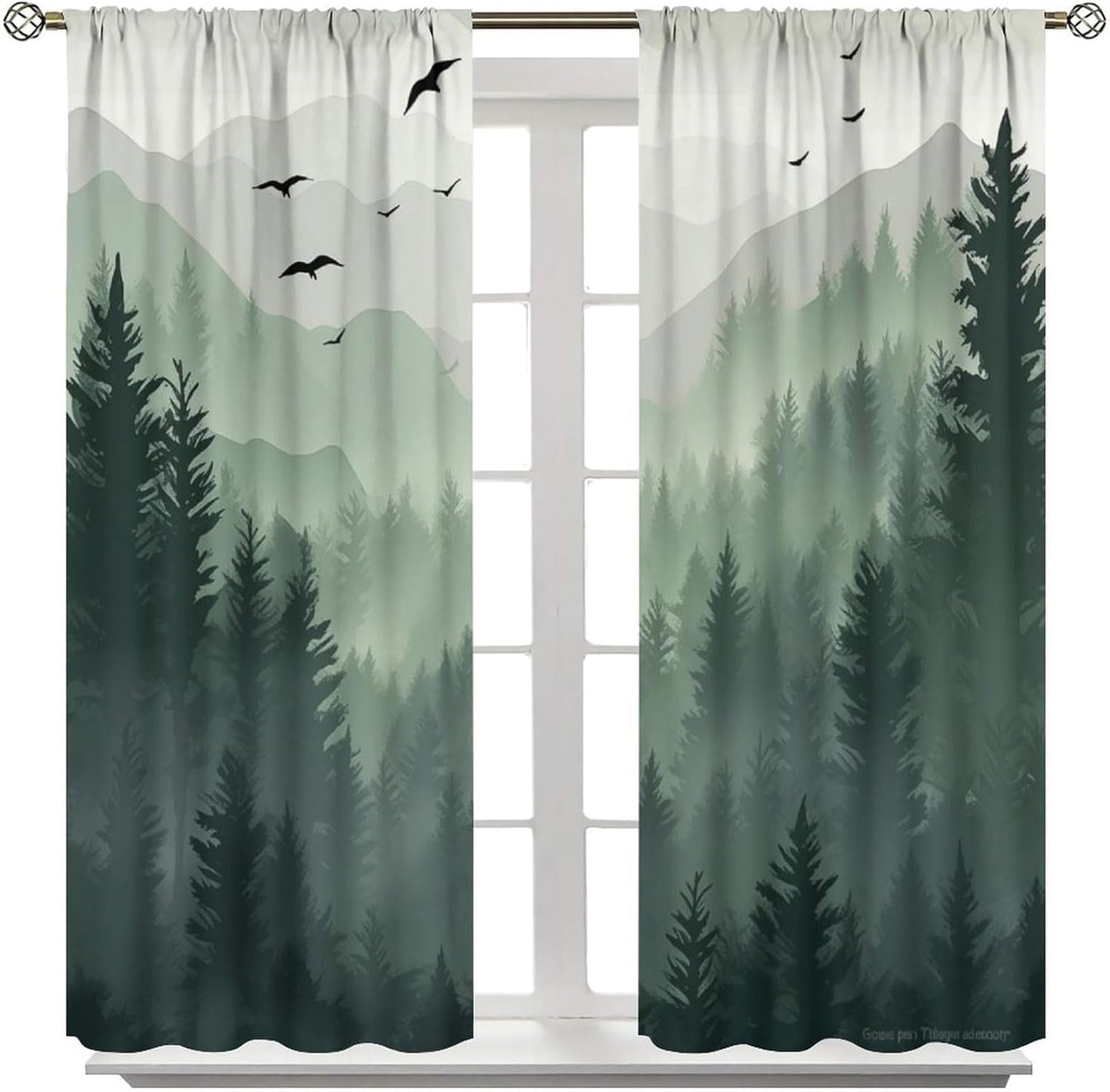 Forest Blackout Curtain for Living Room, Watercolor Green Forest Flying Birds Nature Mountain Tree Woodland Home Window Treatments 2 Panels Drapes for Kitchen Batroom Office Deocr 42"W X 45"L