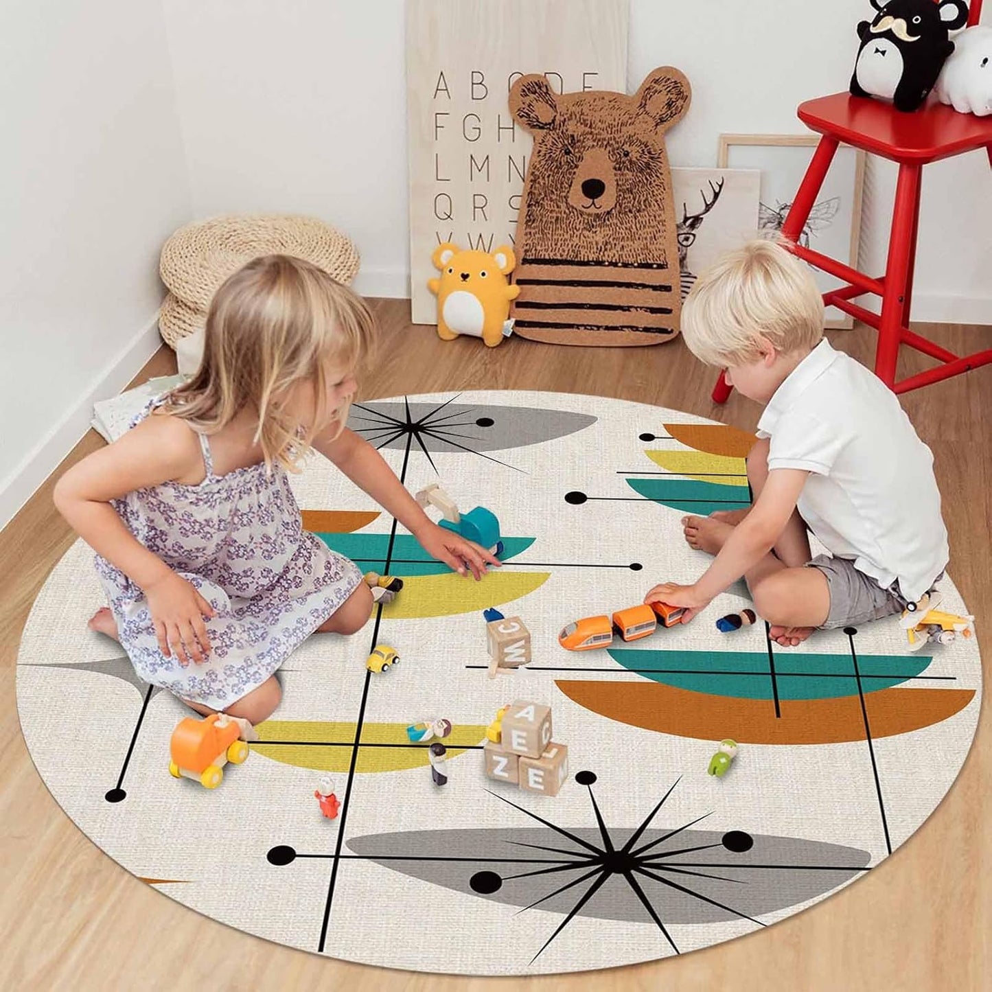 Mid Century Round Rug 3ft Abstract Orange Turquoise Yellow Throw Soft Area Rug Low Pile Non Slip Rug Carpet Washable Floor Mat for Living Room, Bedroom, Farmhouse, Office