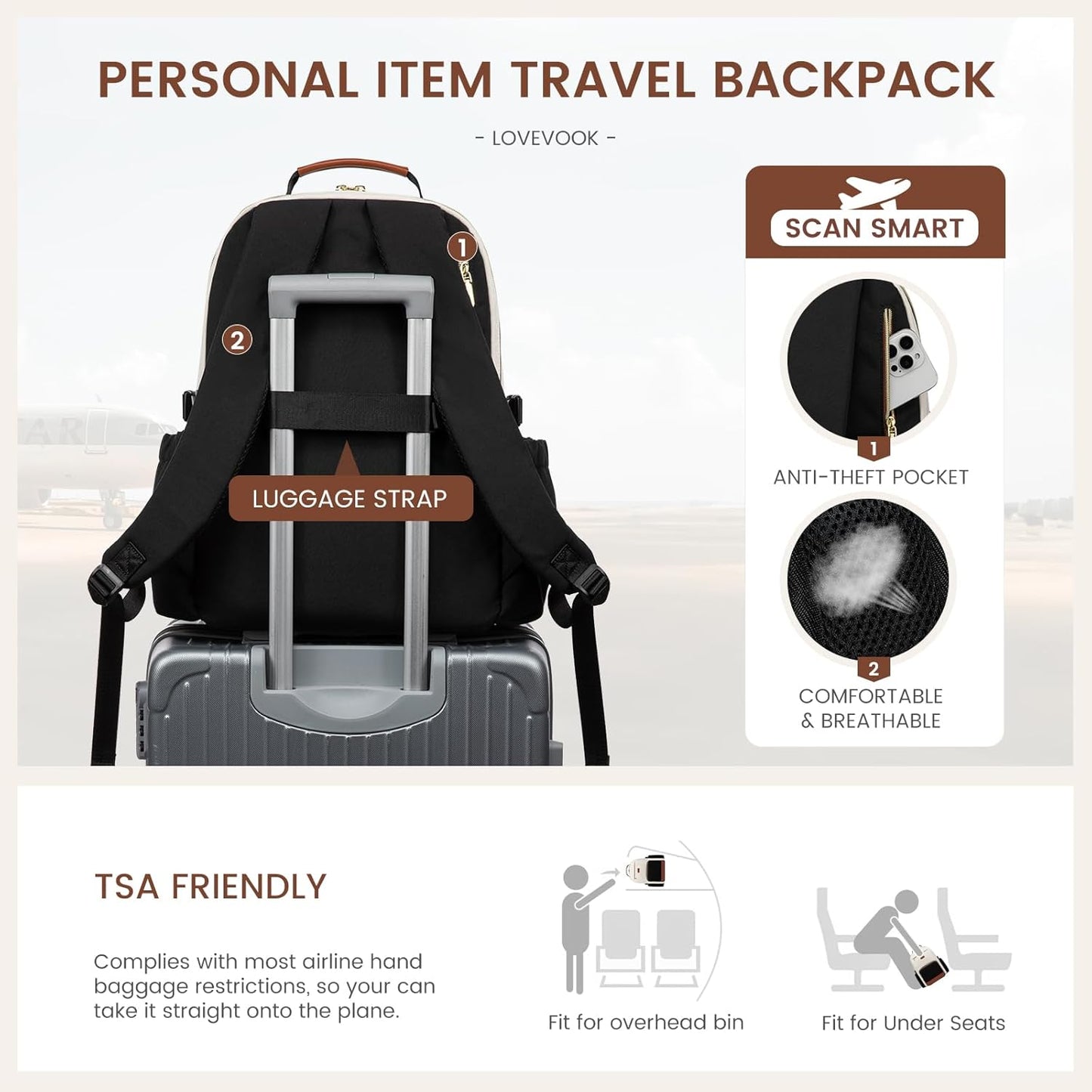 LOVEVOOK Laptop Backpack for Women with Pouch Pocket for Large Capacity Cup,15.6 Inch Laptop Computer Bag Travel Backpack Purse,Waterproof Work Business Backpack College Teacher Bags,Beige-Black-Brown
