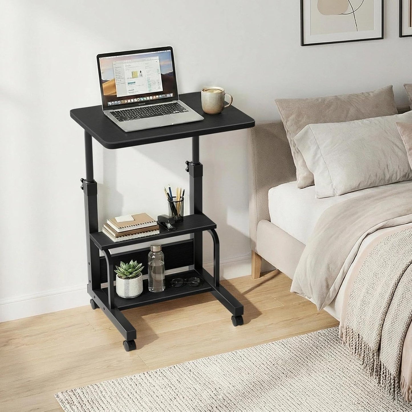 Small Rolling Desk for Small Spaces - 24" Portable Standing Desk with Wheels, Height Adjustable C Shaped Side Table Mobile Laptop Desks with 2-Tier Storage Shelves for Bed Sofa, Black