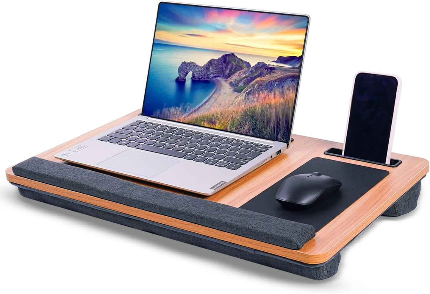 Laptop Tray – Home Office Lap Desk with Built-in Mouse Pad, Wrist Rest & Phone Holder, Portable Laptop Stand with Cushion, Tablet Slot & Carry Handle, Ideal for Bed & Workspaces (Walnut)