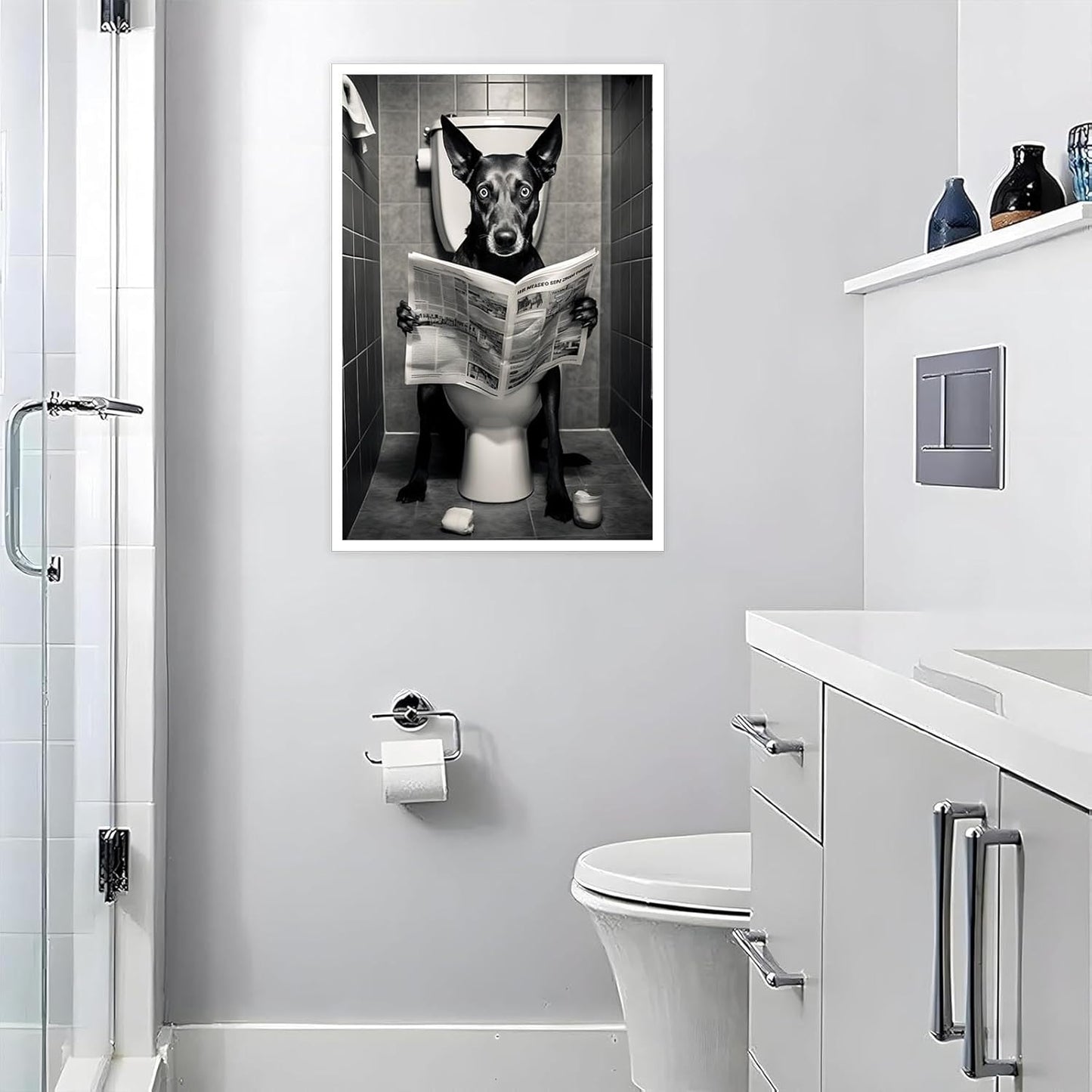 Vintage Dog Reading Newspaper Posters Doberman Sitting On The Toilet Canvas Wall Art Animals Black And White Prints Painting For Bathroom Home Bedroom Dorm Wall Decor 12x16in Unframed