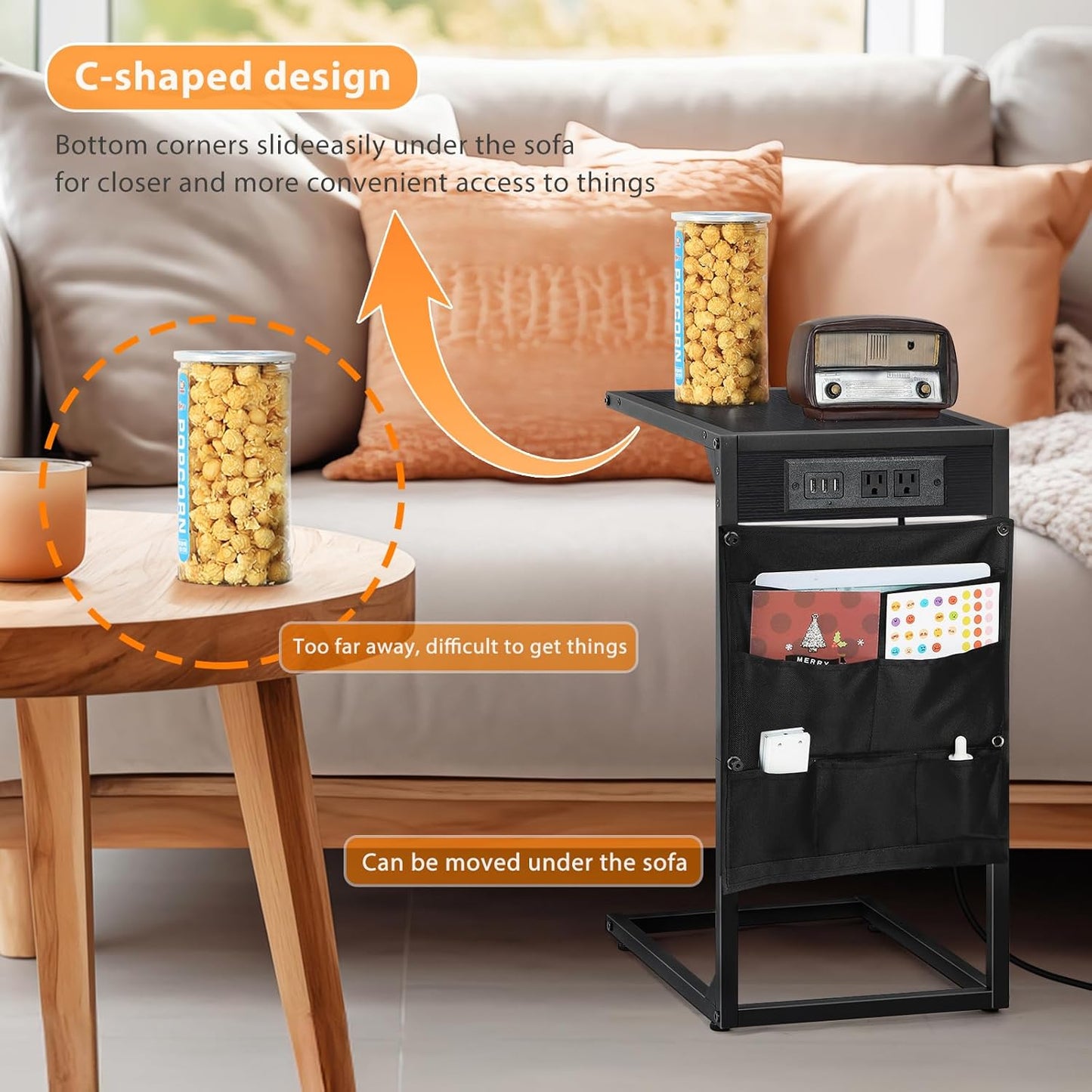 C Shaped End Table Set of 2, TV Tray with Charging Station, USB Ports and Outlets, Slide Under Couch, Storage Bag, for Small Spaces, Black