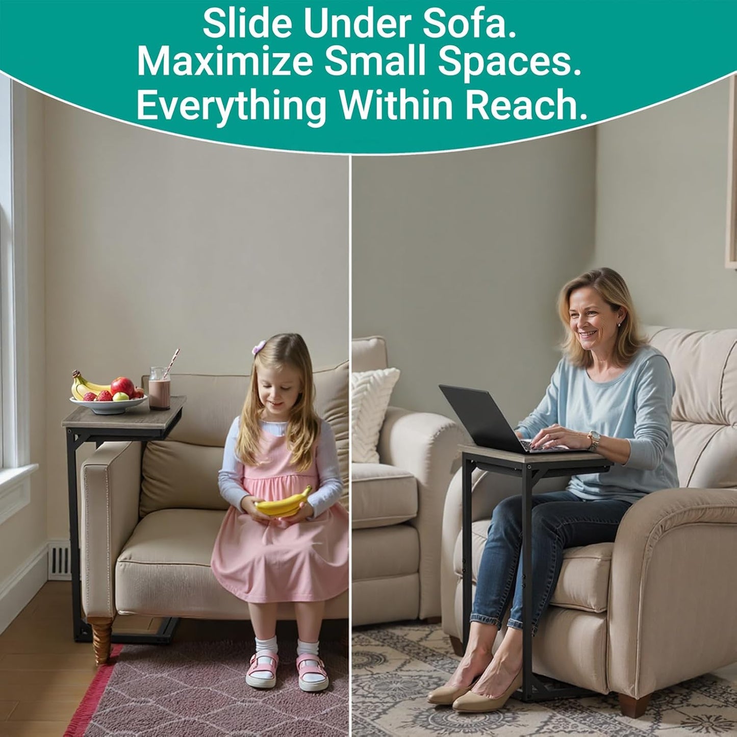 C Shaped End Table with Cubby, Reinforced Base Small Couch Tables That Slide Under, 27”H C Table for Sofa, TV Tray Table for Eating, Couch Side Table for Small Spaces, Living Room, Bedroom