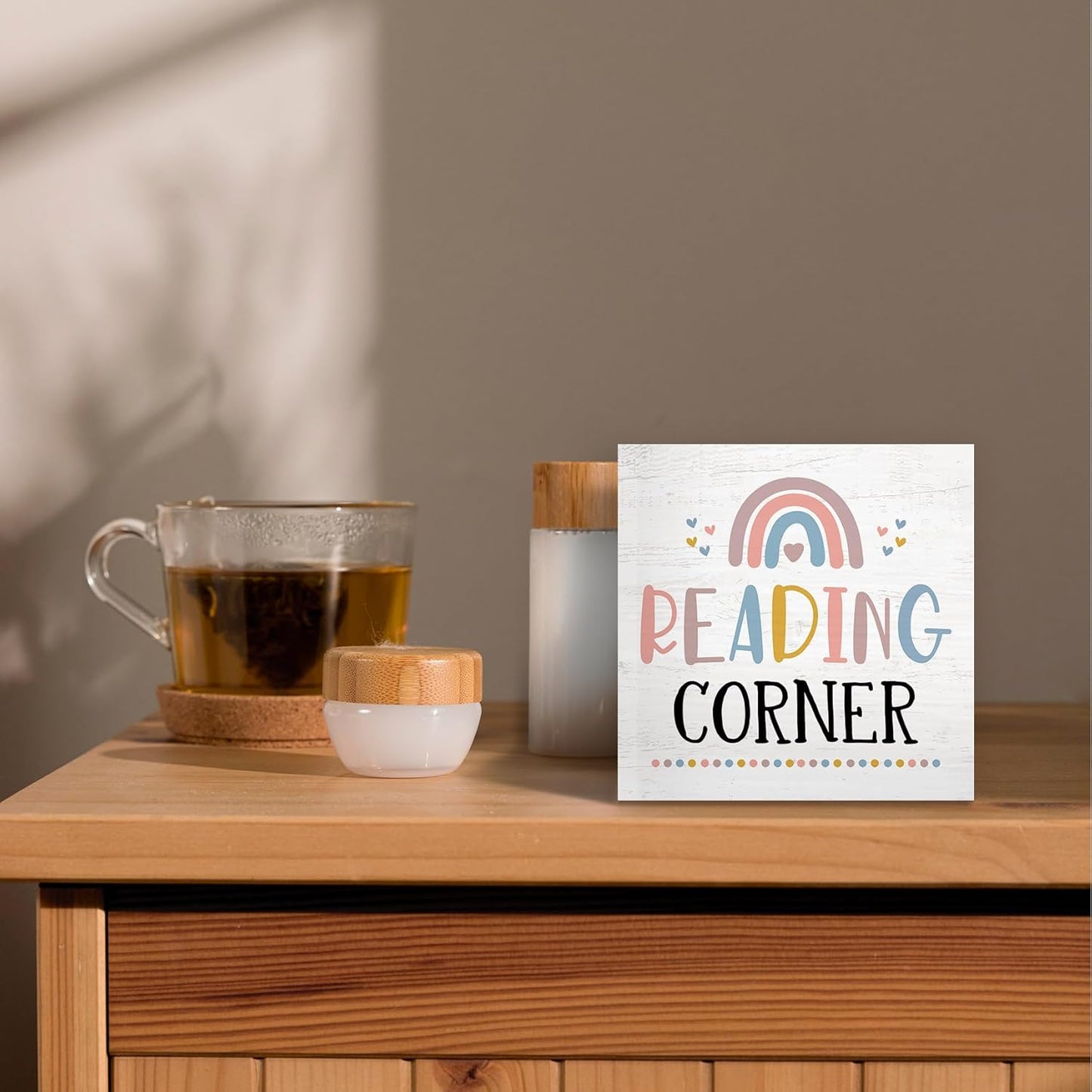 Reading Corner Wood Box Sign Desk Decor 5x5, Reading Nook, Boho Classroom Decor, Book Lover Gift Wooden Block Sign Decorations for Nursery Library Playroom Bookshelf Room Wall Tabletop Shelf