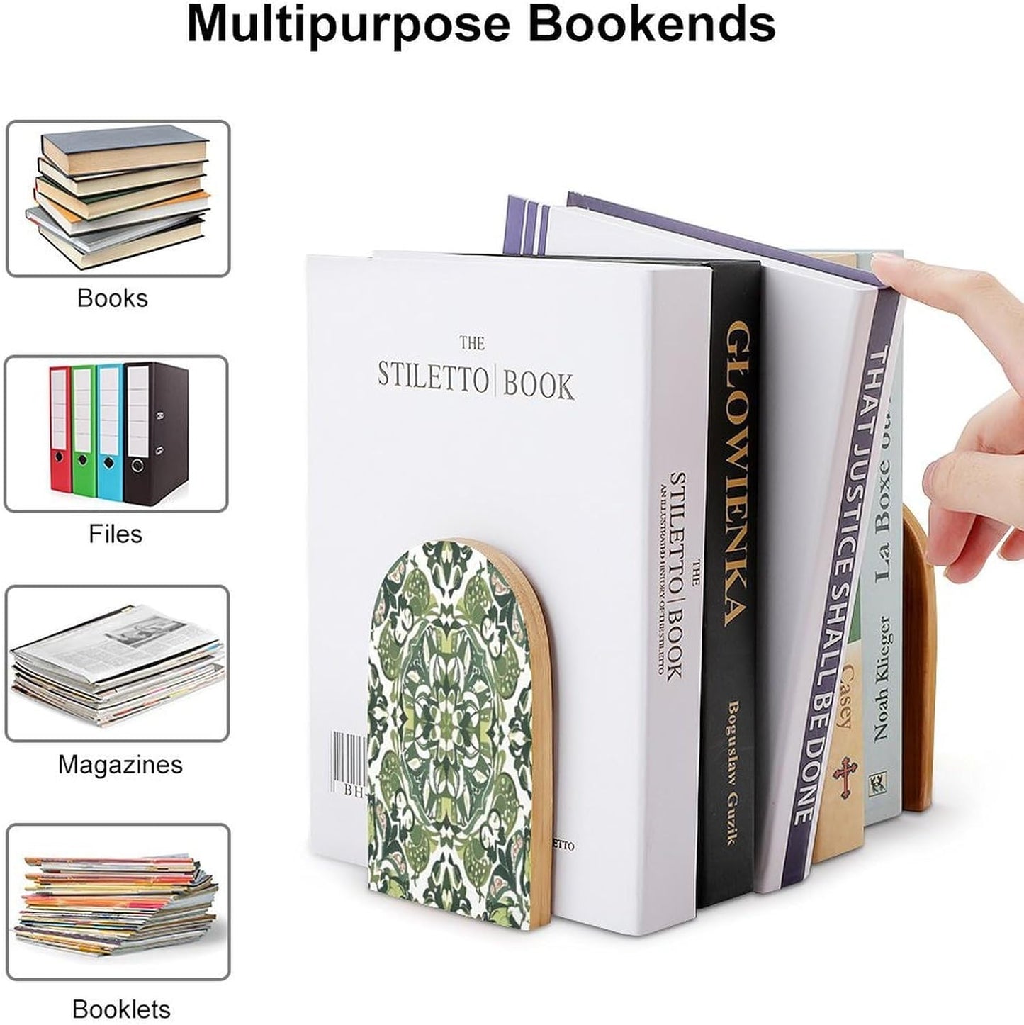 Green Decorative Pattern Bookends 1 Pair Heavy Duty Book Ends for Shelves Non-Skid Bookend Supports Wooden Book Holders with Metal Base Desk Organizers Books Storage to Hold Books