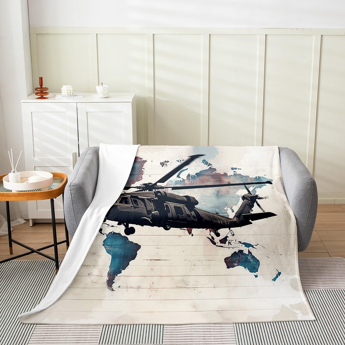 Helicopter Kids Flannel Blanket,Tie-dye Graffiti Geometric Stripes Bed Blanket for Boys Girls,Airplane Aviation Aircraft Retro Fleece Blanket,Blue Beige Fuzzy Blanket,Twin Size (60 x 80 Inches)