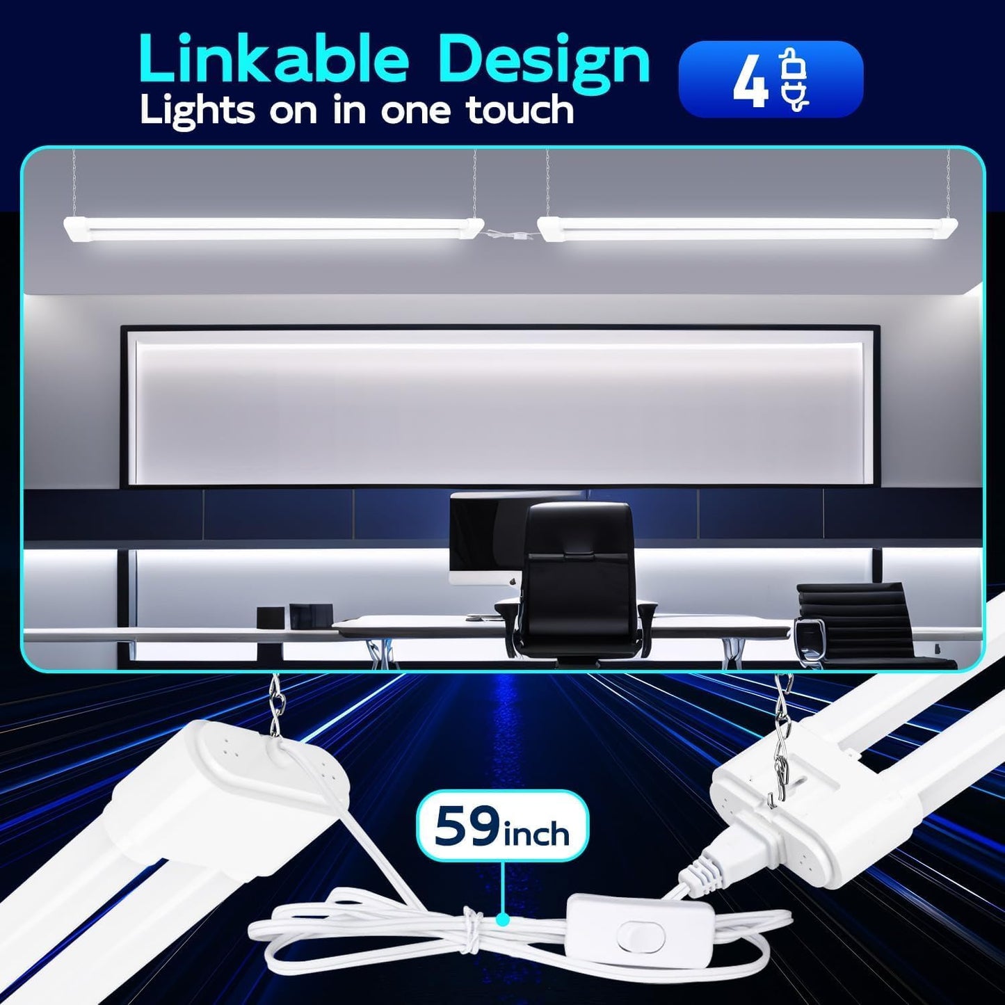 hykolity 4 Pack Linkable LED Shop Light, 4FT 44W [300W Equivalent], 4600lm, 5000K Daylight, Plug-in Utility Bay Light Fixture, Hanging or Surface Mount, White - Energy Efficient Lighting Solution