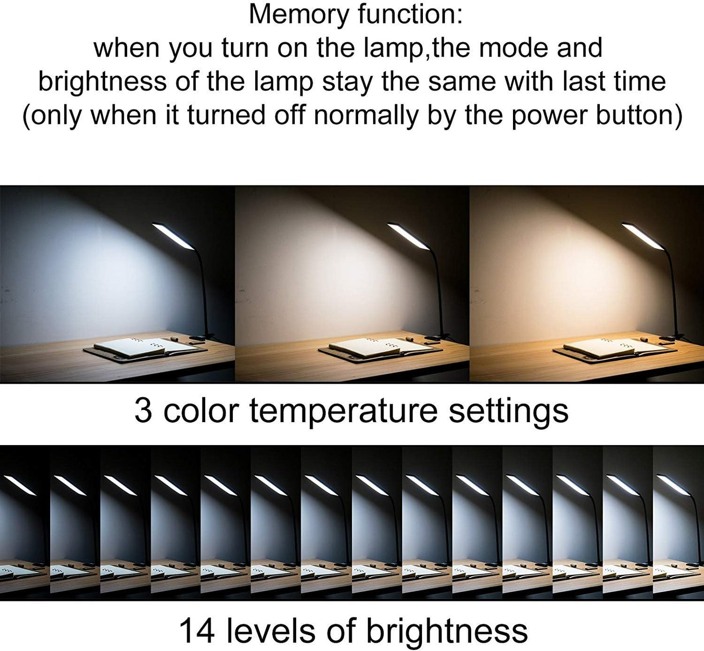 LED Desk Lamp - Dimmable Eye-Care Reading Light with Adjustable 3 Color Modes, 14 Brightness Levels, Flexible Gooseneck Clip-on Light for Studying, 5W-Black