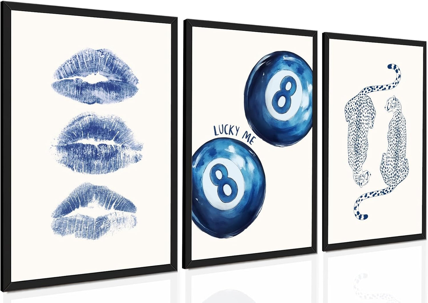 Framed Navy Cheetah Canvas Wall Art Set Retro 8 Ball Poster Blue Leopard Kiss Lips Print Trendy Preppy Aesthetic Dorm Room Decor Funky Blue Painting Picture for Apartment Bedroom 8x12inch