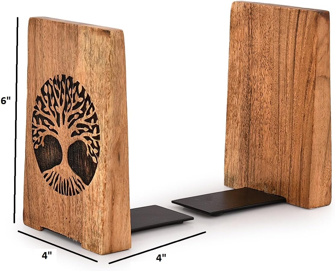 EDHAS Decorative Bookends Iron & Acacia Wood Decorative Bookshelf Book Ends Heavy Duty Bookends Desktop Organize Books (4" X 4" X 6"), (Set of 2)