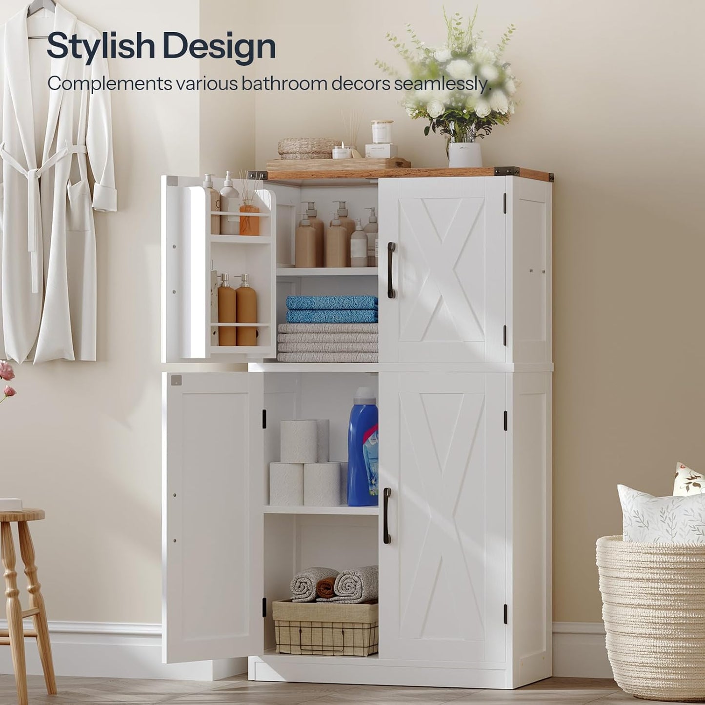 HOOBRO Bathroom Storage Cabinet, Farmhouse Freestanding Floor Cabinet with 2 Extra Hidden Storage Doors, Adjustable Shelves, Large Capacity, Easy Assembly, 11.8 x 23.6 x 43.5 Inches, White and Walnut