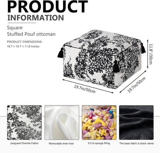 Square Pouf Ottoman Foot Stool with Tassels - Soft Chenille for Living Room & Office - Foot Rest, Home Decor & Removable Cover - Modern Black White Tree Design - 19.7" x 11.8"