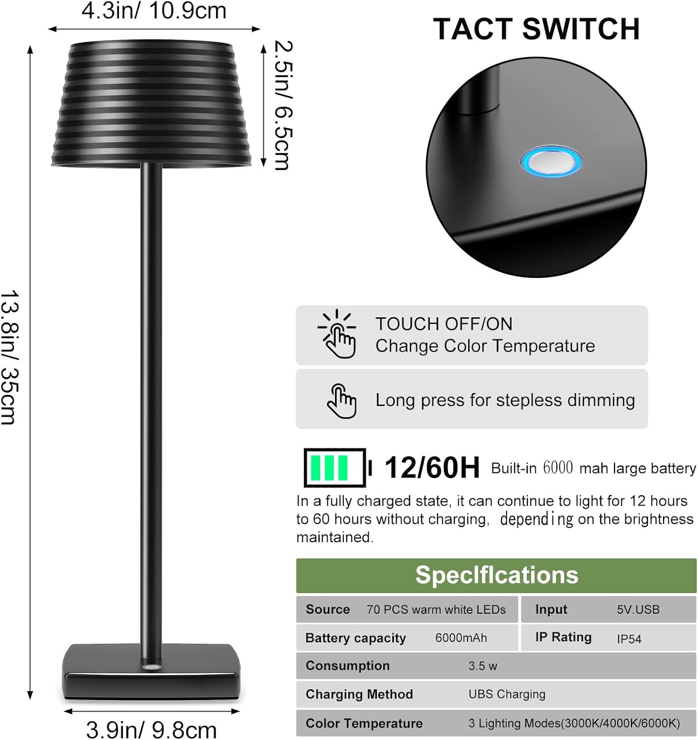 2Pack Cordless Table Lamps Rechargeable,Battery 6000mAh LED Portable Lights for Outdoor/Patio/Restaurant/Indoor Desk Lamp - IP54 Waterproof 3 Colors Stepless Dimming (2pack Black)