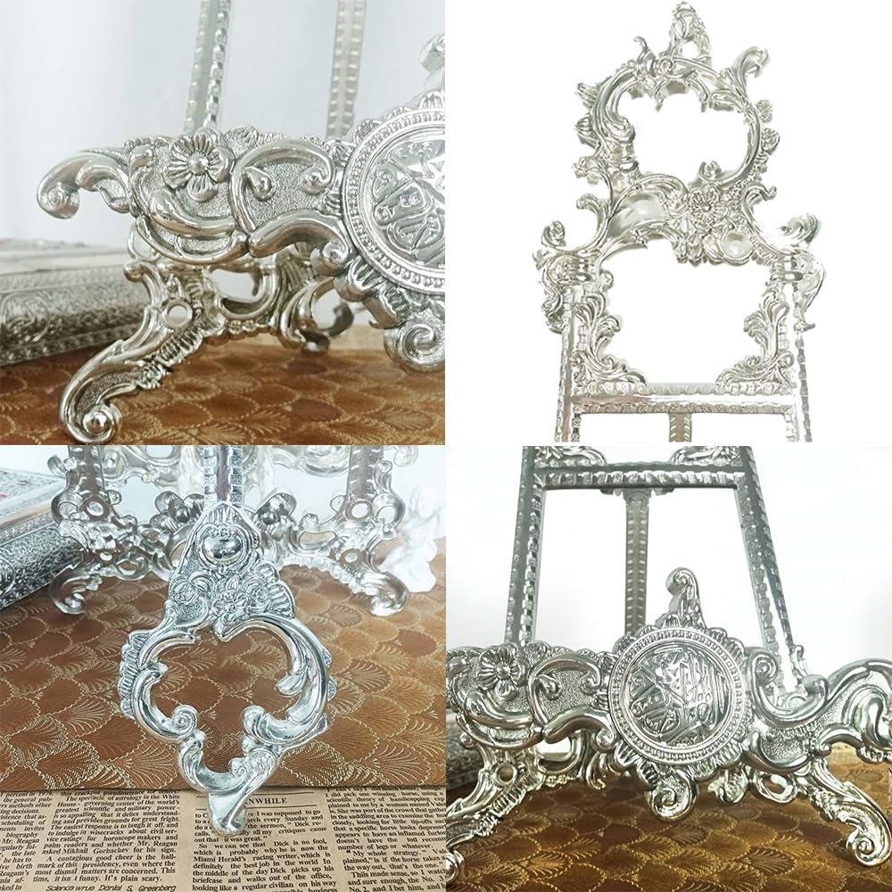 Metal Recipe Book Holder, Vintage Tabletop Display Stand for Cookbooks, Bible, Plates, Platters, Pictures, Decorative Easel for Kitchen, Silver