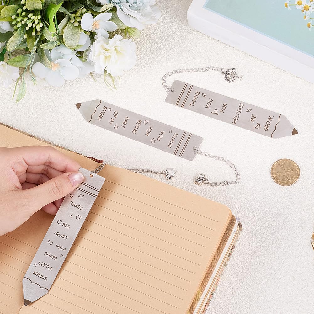 3Pcs Engravable Metal Bookmarks Blank Book Marks with Tassel Pen Shape Motivational Words Tree Stainless Steel Silver Book Markers for Readers School Students Page Textbook DIY Reading Gifts