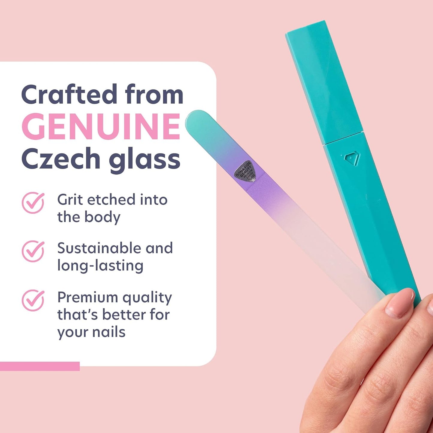 Glass Nail File with Case, Czech Glass Fingernail Files, Manicure Nail File for Natural Nails, Expert Precision Filing + Smooth Finish - Bona Fide Beauty Premium Nail Filer (Pastel Aqua Violet)