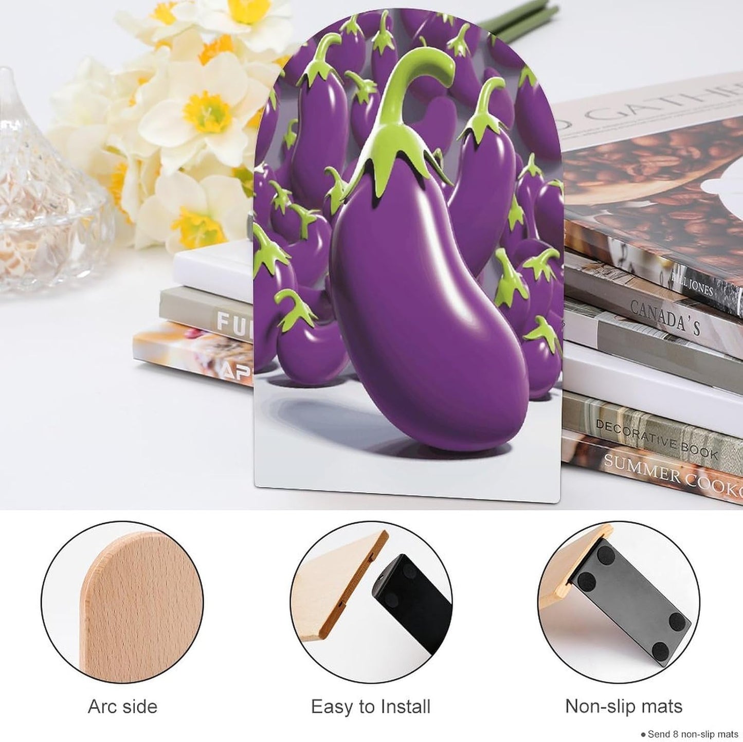Cartoon Eggplant Bookend for Shelves Wooden Book End Large Size Sturdy Book Holders Stoppers with Metal Base for Bookshelves Slick Decorative Bookends Stands