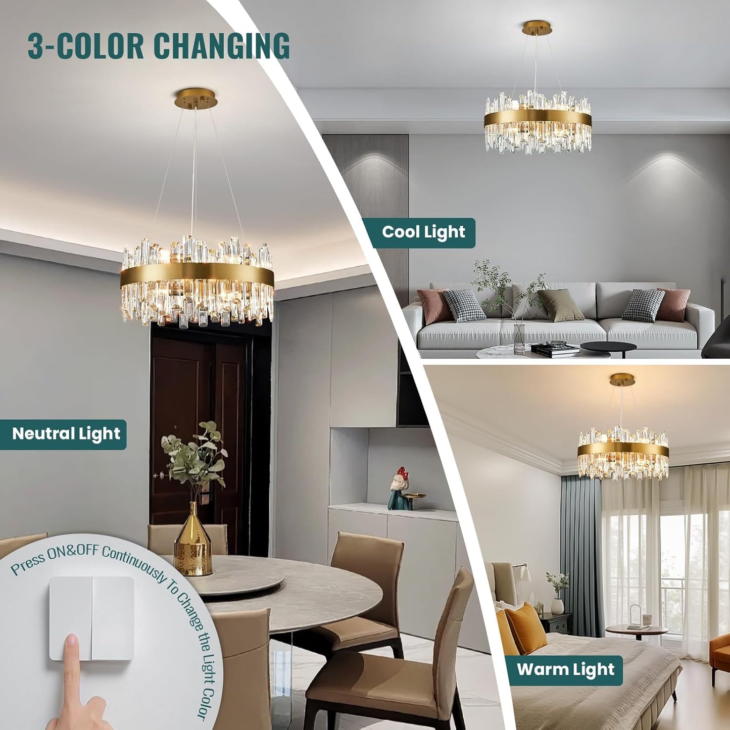 Siljoy Modern Crystal Chandelier, 12-Light Dimmable Brass Gold K9 Crystal Raindrop Chandelier, Luxury Adjustable Crystal Pendant Ceiling Light for Living Dining Room Kitchen Island Entry Foyer D19.7''