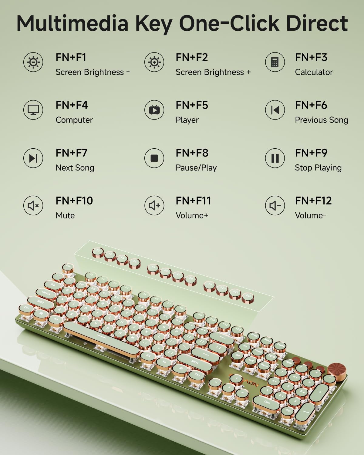 EWEADN Typewriter Style Mechanical Keyboard, Wired Typewriter Keyboards,104 Keys Backlit LED Metal Keyboards, Media Control Knob, Wired Computer Keyboard Pink Switch for Windows/Mac/PC-Green