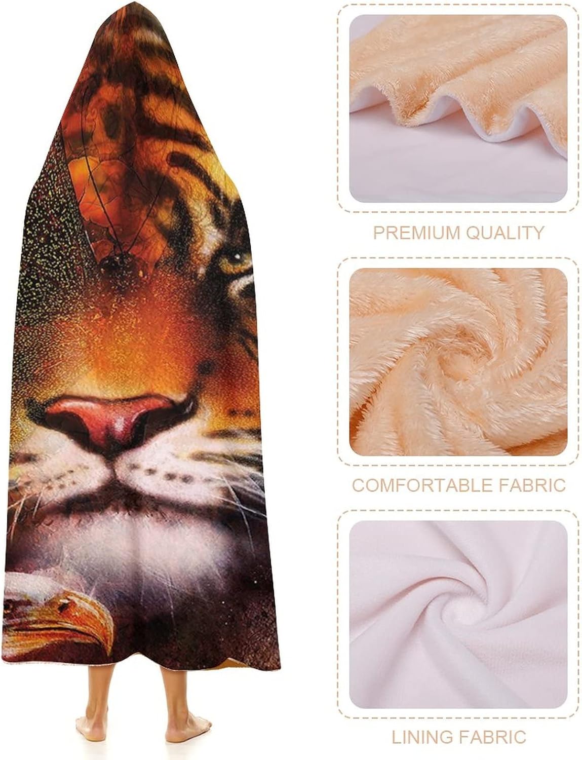 Throw Blankets, Tiger Wearable Hooded Blanket for Adults, Various Symbols of Nature Large Bengal Bald Eagle, Soft Warm Cozy, 40 x 50inches, Studying Reading Snuggling Napping Office, Multicolor
