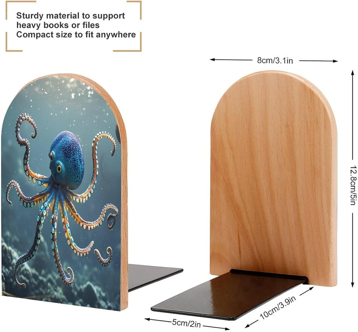 Octopus Bookends 1 Pair Heavy Duty Book Ends for Shelves Non-Skid Bookend Supports Wooden Book Holders with Metal Base Desk Organizers Books Storage to Hold Books