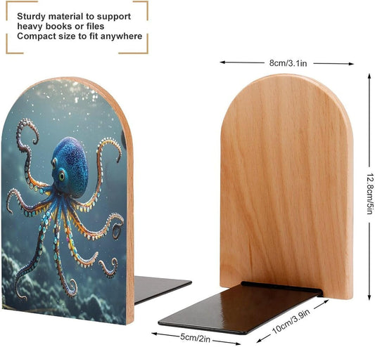 Octopus Bookends 1 Pair Heavy Duty Book Ends for Shelves Non-Skid Bookend Supports Wooden Book Holders with Metal Base Desk Organizers Books Storage to Hold Books
