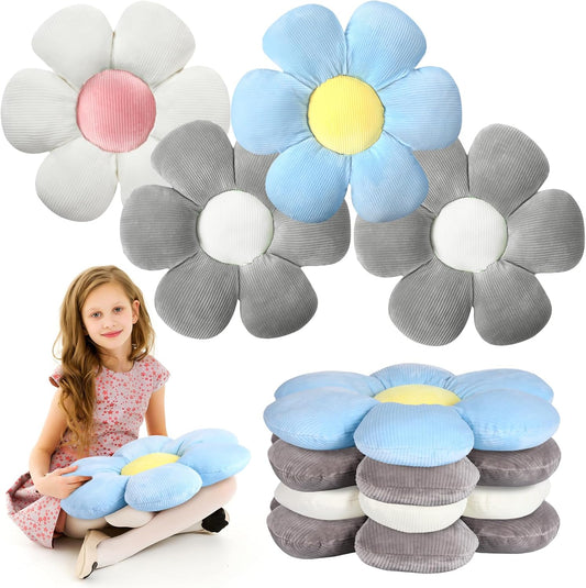Reginary 4 Pcs Flower Floor Pillows Cute Plush Flower Throw Pillows Daisy Floor Seat Cushion Chair Pads for Back to School First Day of School for Sofa Couch Bed Decor(15 Inch,Gray, Blue, White)