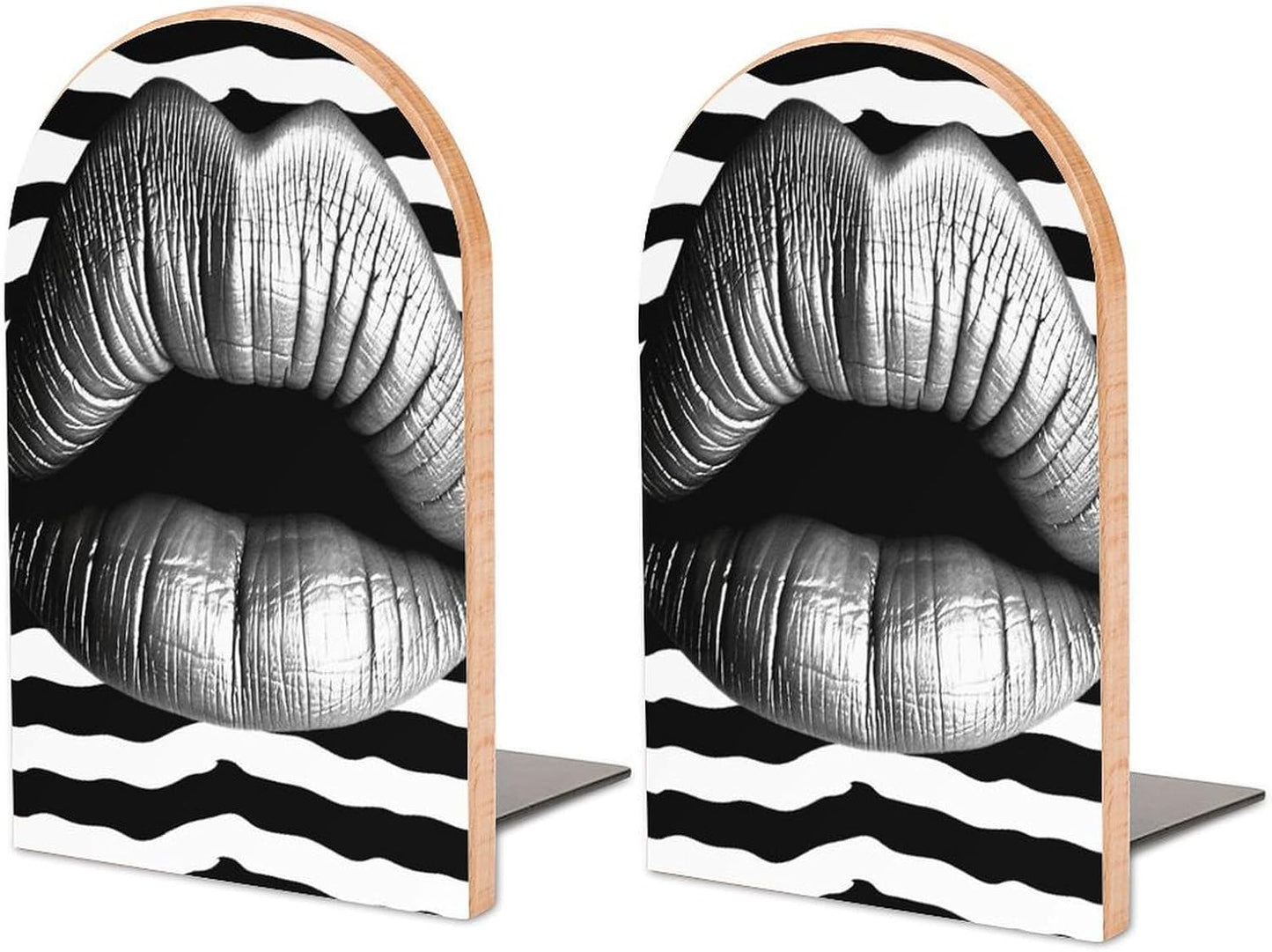 Lips Printed in Black and White Stripes Bookend for Shelves Wooden Book End Large Size Sturdy Book Holders Stoppers with Metal Base for Bookshelves Slick Decorative Bookends Stands