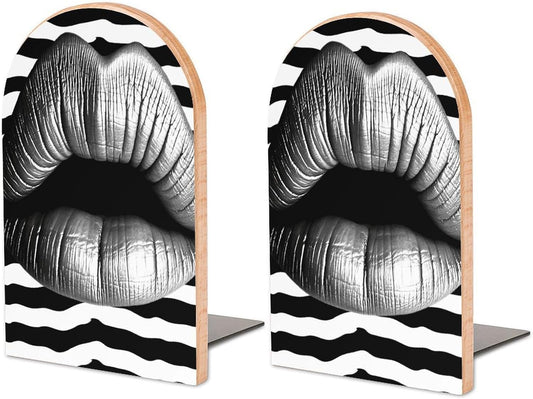 Lips Printed in Black and White Stripes Bookend for Shelves Wooden Book End Large Size Sturdy Book Holders Stoppers with Metal Base for Bookshelves Slick Decorative Bookends Stands