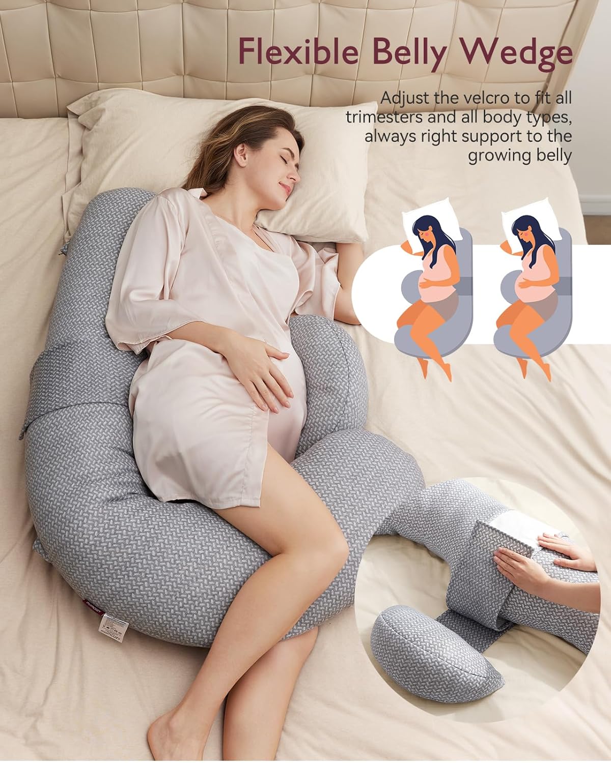 Momcozy Pregnancy Pillow, Original F Shaped Maternity Pillow for Pregnant Women with Adjustable Wedge Pillow, Full Body Support Pregnancy Pillows for Side Sleeping with Air Layer Cover, Grey