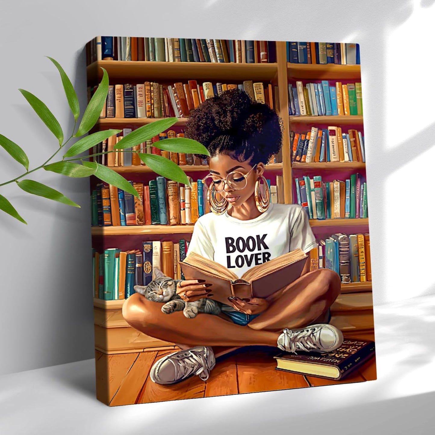 African American Wall Art Black Girl Reading Pictures Canvas Wall Decor Gift Book Lover Afro Black Women Painting Framed Artwork for Teenager Living Room Bedroom Study Reading Room 16"x20"