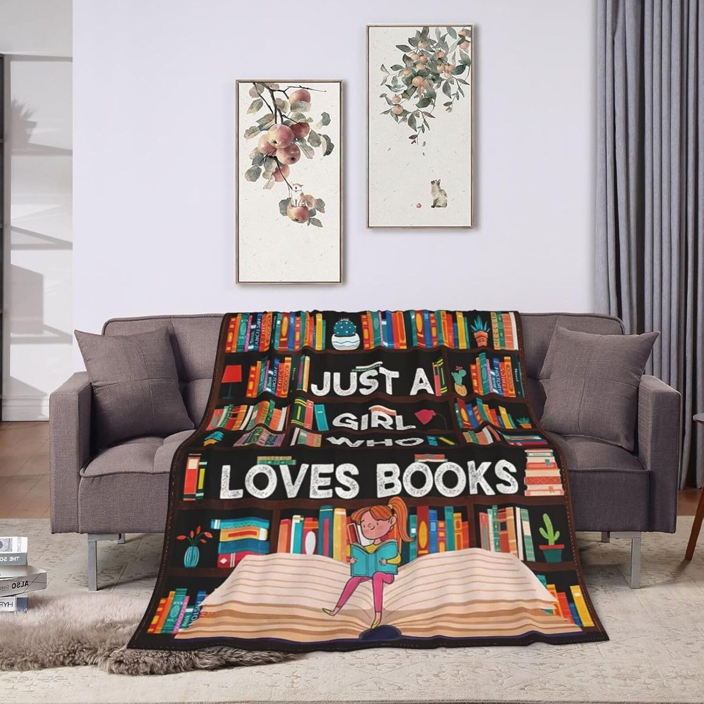 Book Blanket Just A Girl Who Loves Books Throw Blanket Stuff Decor Merch Cozy Flannel Soft Warm Plush Lightweight Bedding Gifts for Girl Woman Sofa Bedding Couch 50"X40"