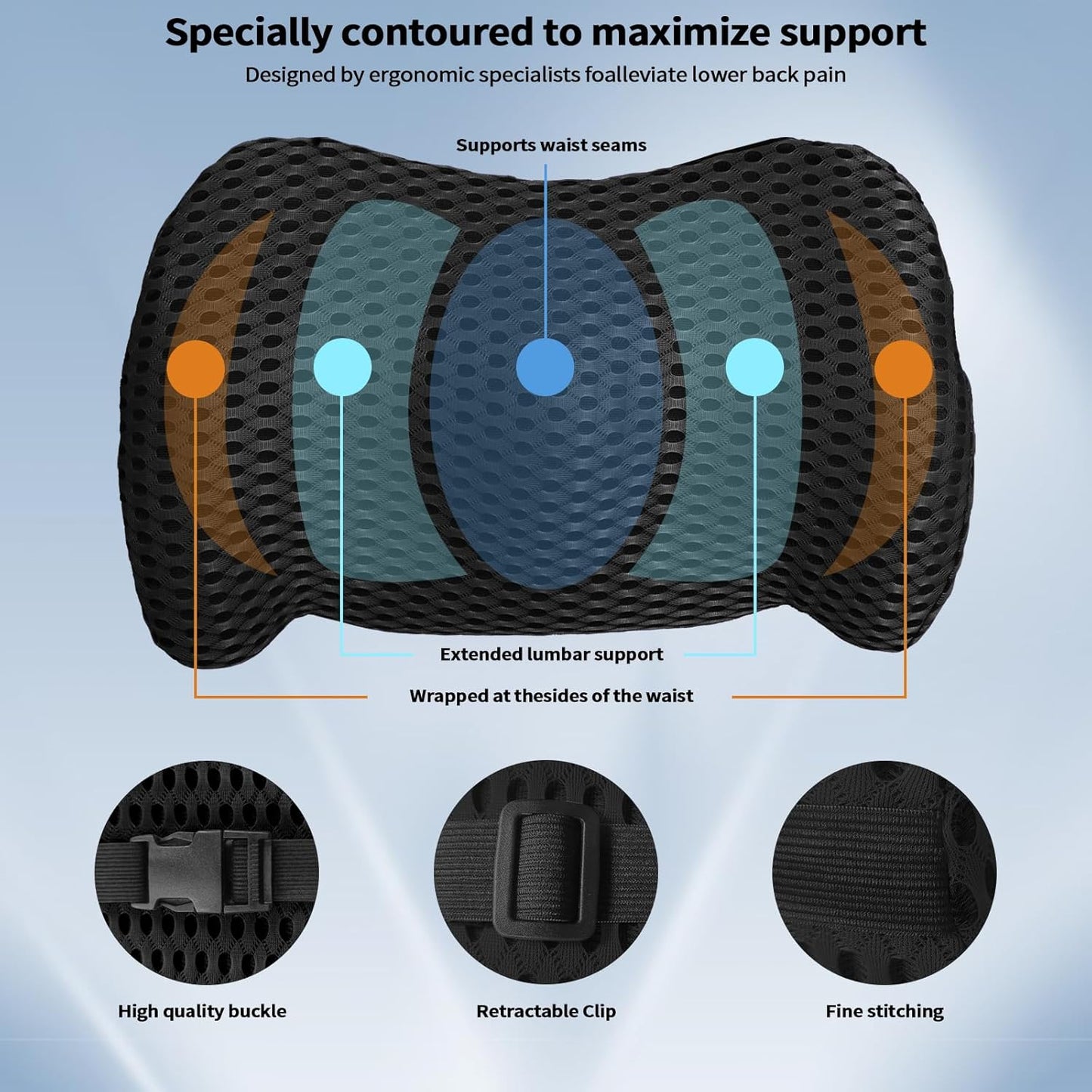 Lumbar Support Pillow with Adjustable Straps for Lower Back Pain Relief. Memory Foam Lumbar Support Pillow for Car, Bed, Office Chair, Gaming Chair, Recliner, Improves Posture Black