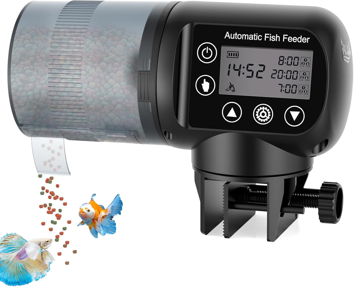 AQQA Automatic Fish Feeder for Aquarium Vacation, 200ML Large Capacity Moisture-Proof Auto Food Dispenser with LCD Timer, Battery Powered Feeder for Small Tank, Betta Fish, Turtle, Koi