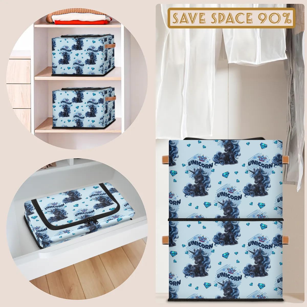 Unicorns Storage Bins with Lids, Collapsible Cube Storage Basket with Leather Handle, Foldable Fabric Storage Box with Lids for Organizing Home Bedroom Closet Office