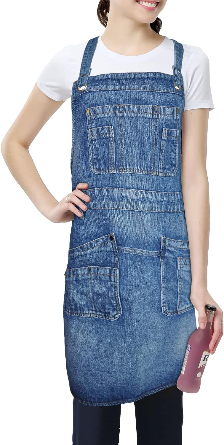 Denim Apron with Multi Pockets for Kitchen, Cooking, BBQ & Gardening